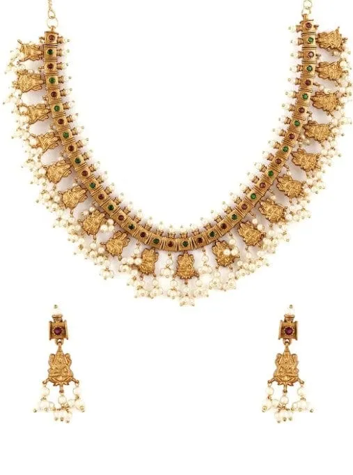 Rubans Finely Handcrafted Gold Plated Faux Ruby Studded Pearl Embellished Necklace Set