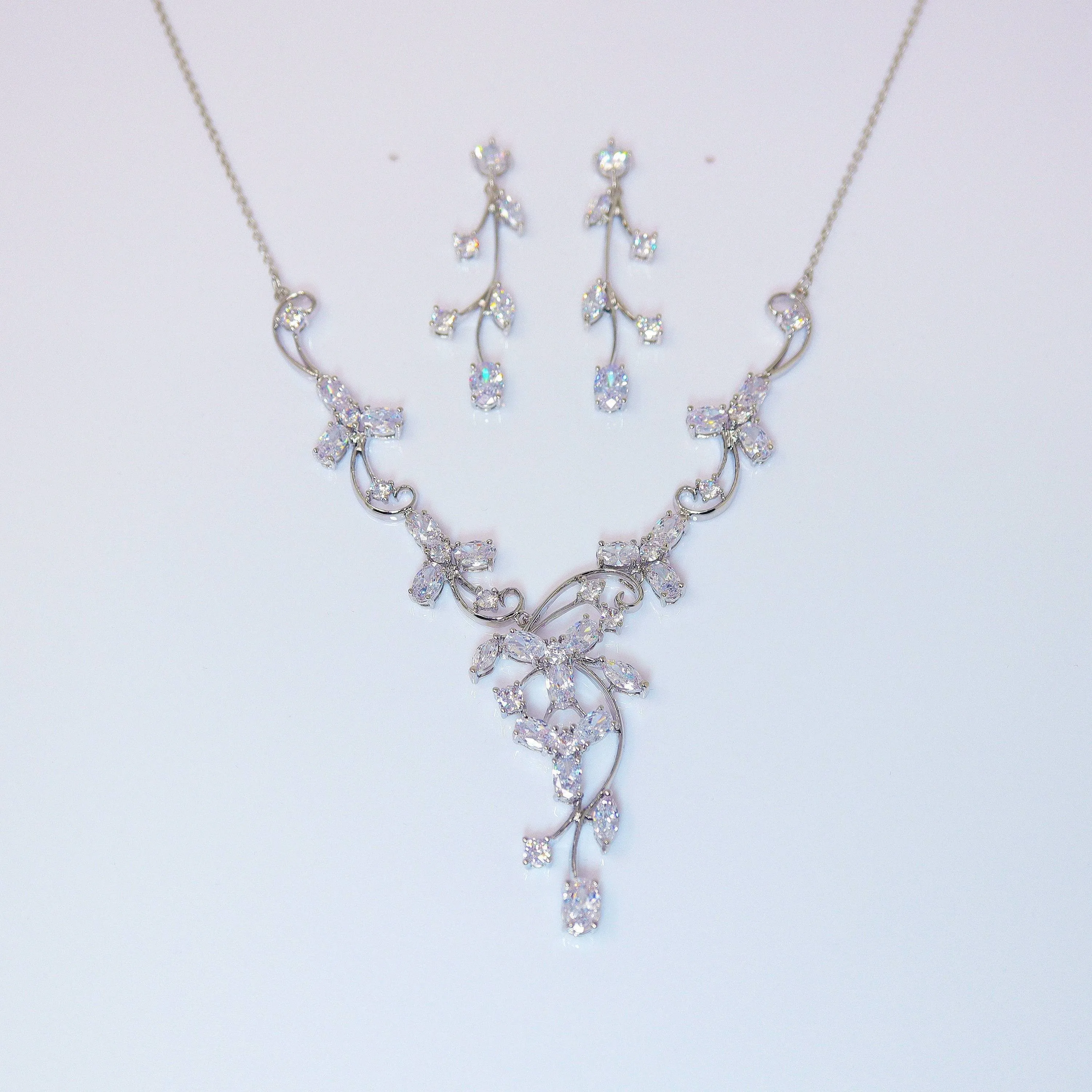 Swarovski Enchanted Vine Leaves Necklace, Long Bridal Jewelry, Bridal Earrings And Necklace, Statement Earrings Cz Necklace Set.