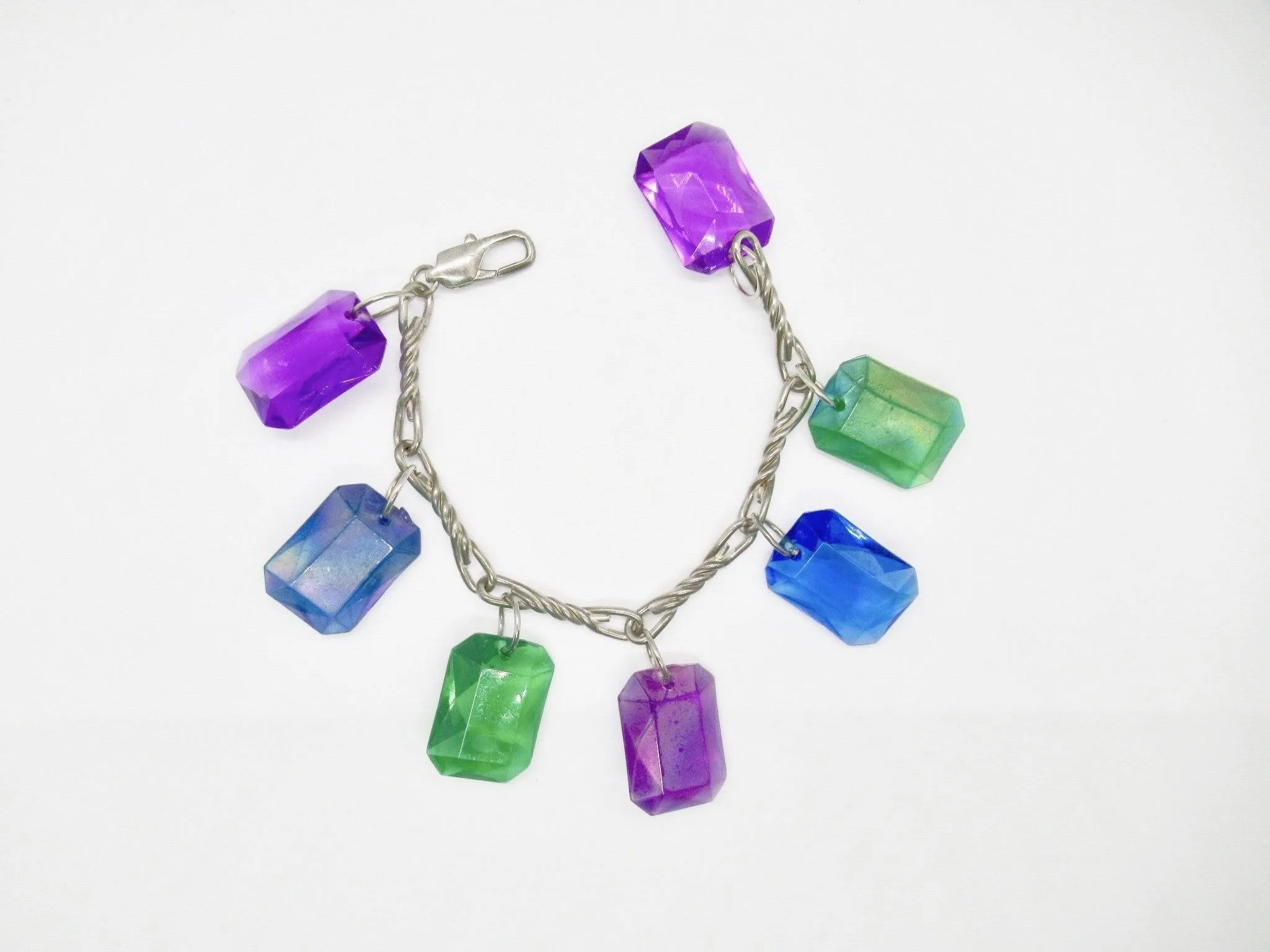 Vintage 1980s Vivid Colorful Charm Bracelet with Large Emerald Cut Drops
