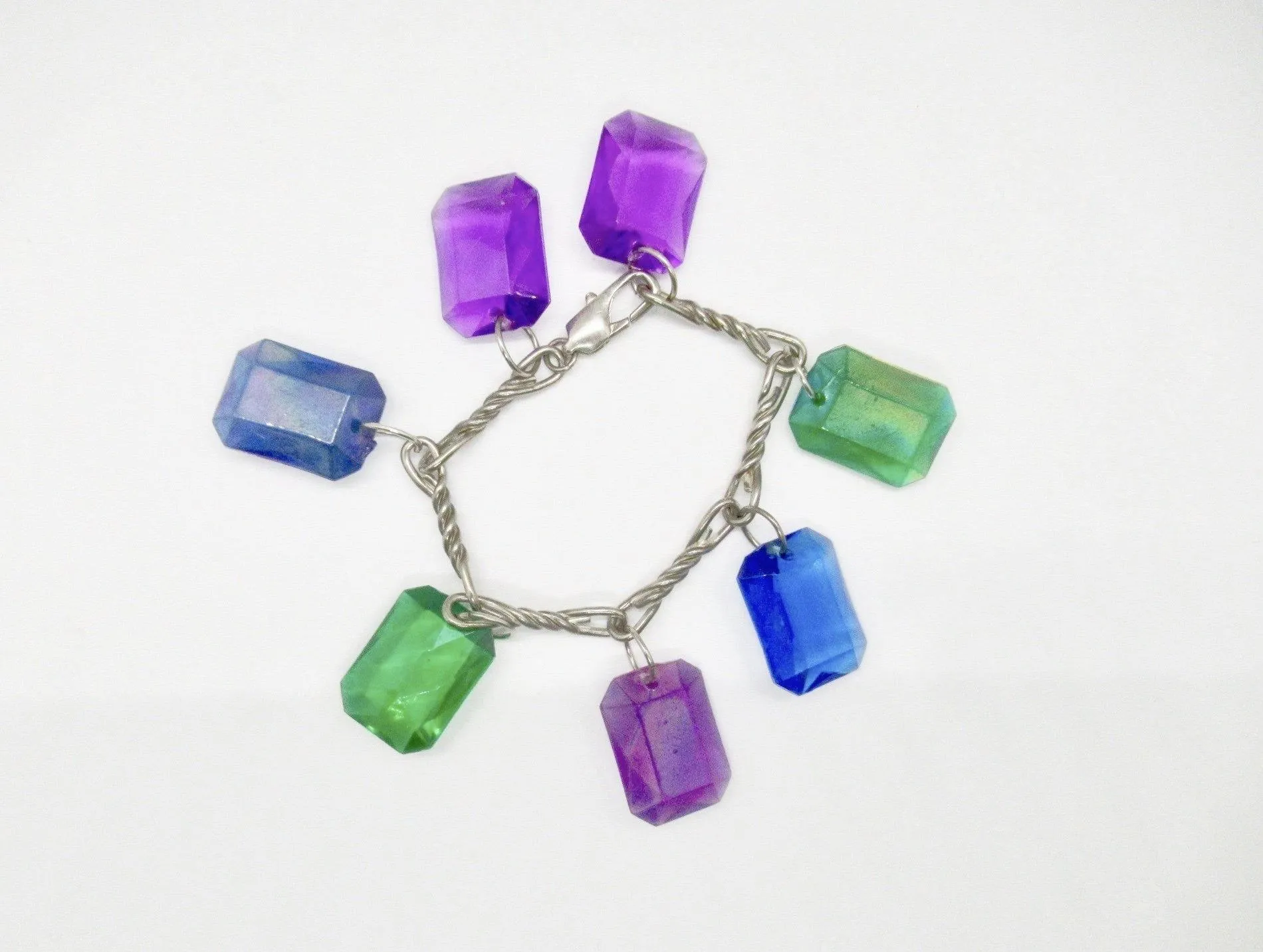 Vintage 1980s Vivid Colorful Charm Bracelet with Large Emerald Cut Drops