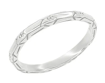 Vintage Inspired Art Deco Floral Geometric Carved Wedding Band in Platinum - SIze 6.5