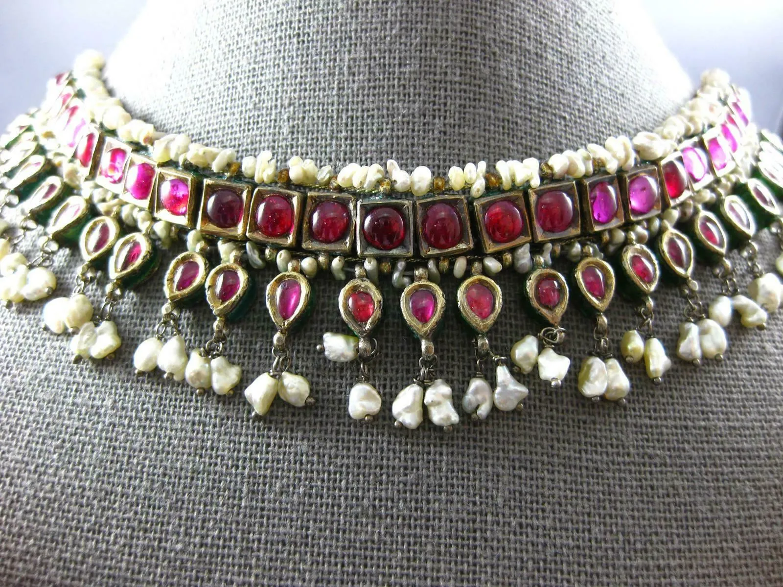 XL LARGE ANTIQUE RUBY & PEARL 18K YELLOW GOLD & SILVER INDIAN CLEOPATRA NECKLACE