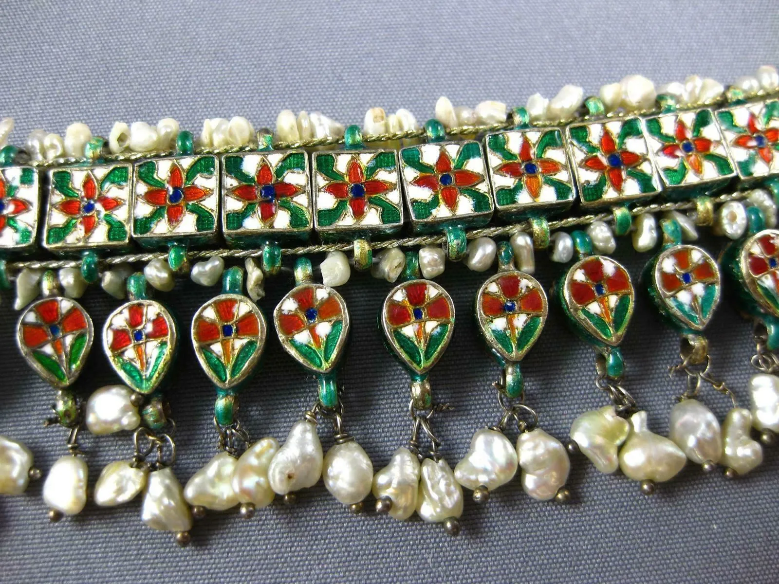 XL LARGE ANTIQUE RUBY & PEARL 18K YELLOW GOLD & SILVER INDIAN CLEOPATRA NECKLACE