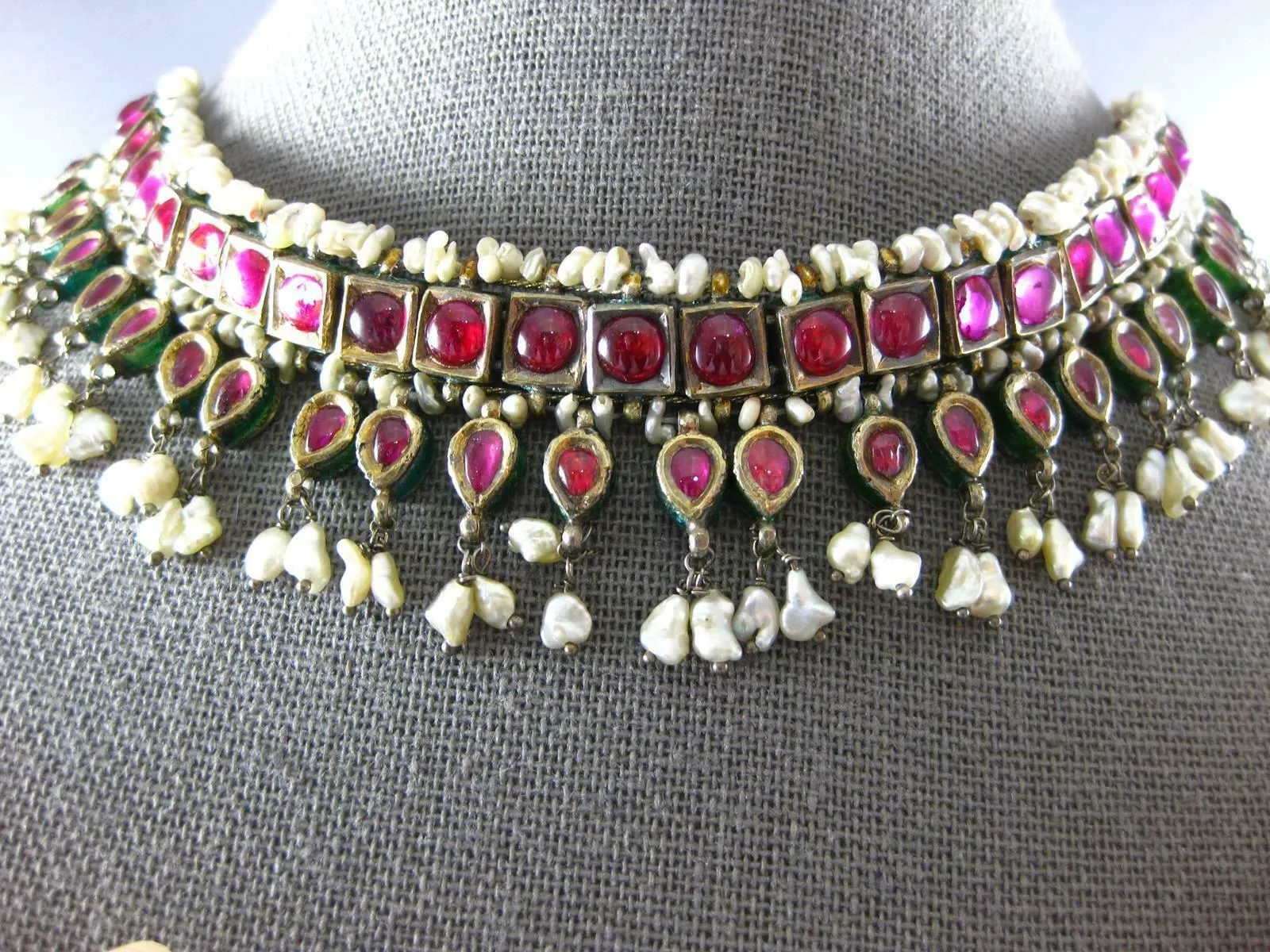 XL LARGE ANTIQUE RUBY & PEARL 18K YELLOW GOLD & SILVER INDIAN CLEOPATRA NECKLACE