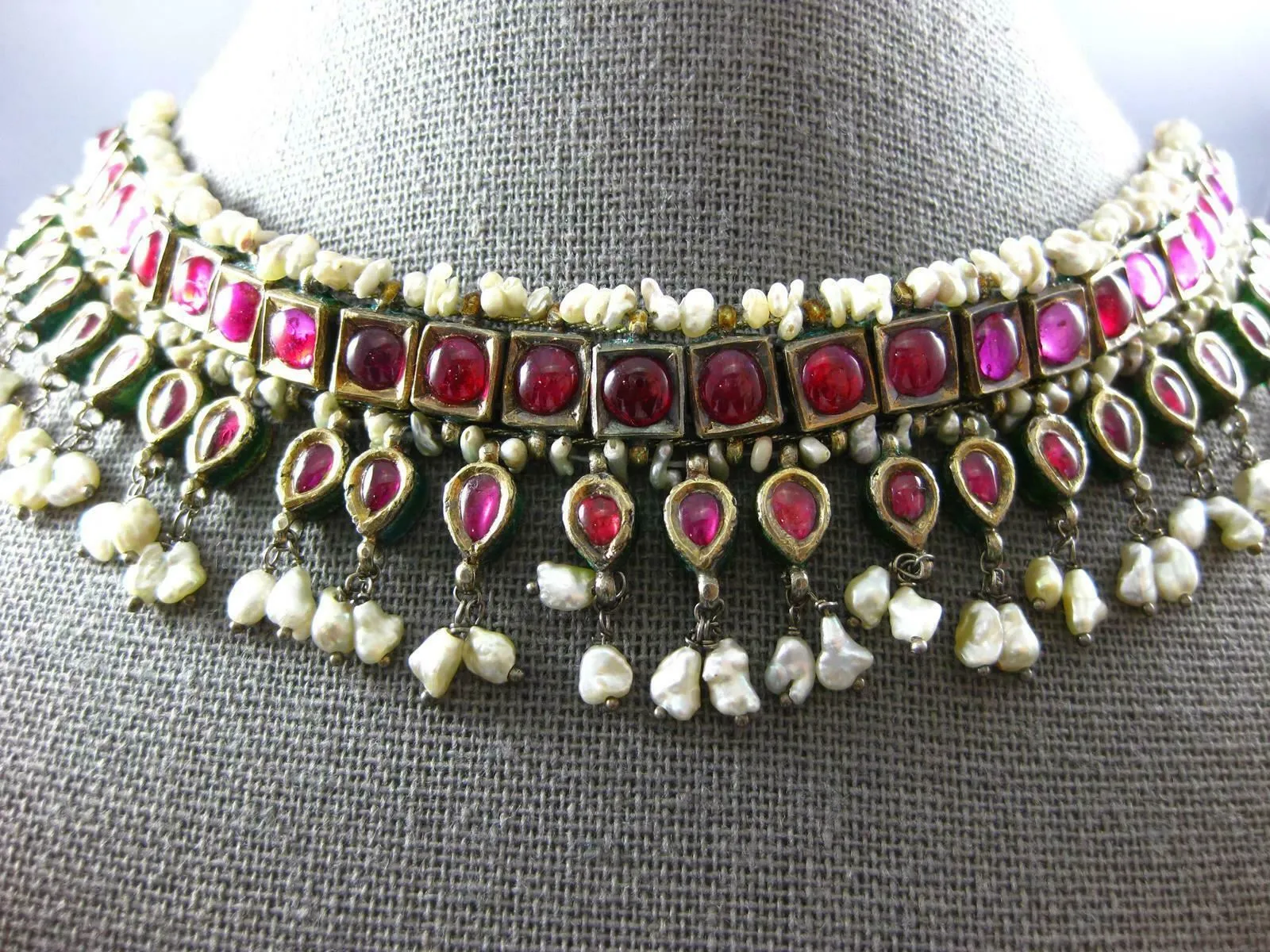 XL LARGE ANTIQUE RUBY & PEARL 18K YELLOW GOLD & SILVER INDIAN CLEOPATRA NECKLACE