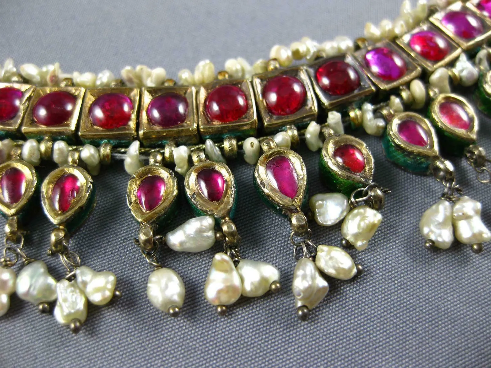 XL LARGE ANTIQUE RUBY & PEARL 18K YELLOW GOLD & SILVER INDIAN CLEOPATRA NECKLACE